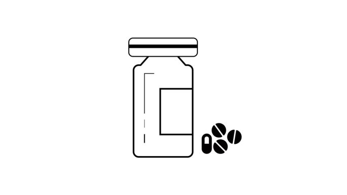 极简主义的线条艺术的药瓶与药丸孤立动画在白色背景。
