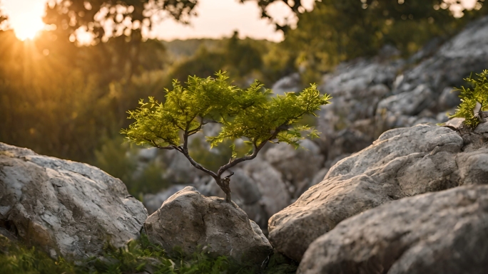 岩石上的小树生命力岩缝中的树阳光下树苗