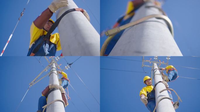 电业局电力工人爬电杆慢动作