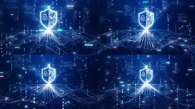 网络安全技术概念盾防护连接大数据抽象二进制代码深蓝背景