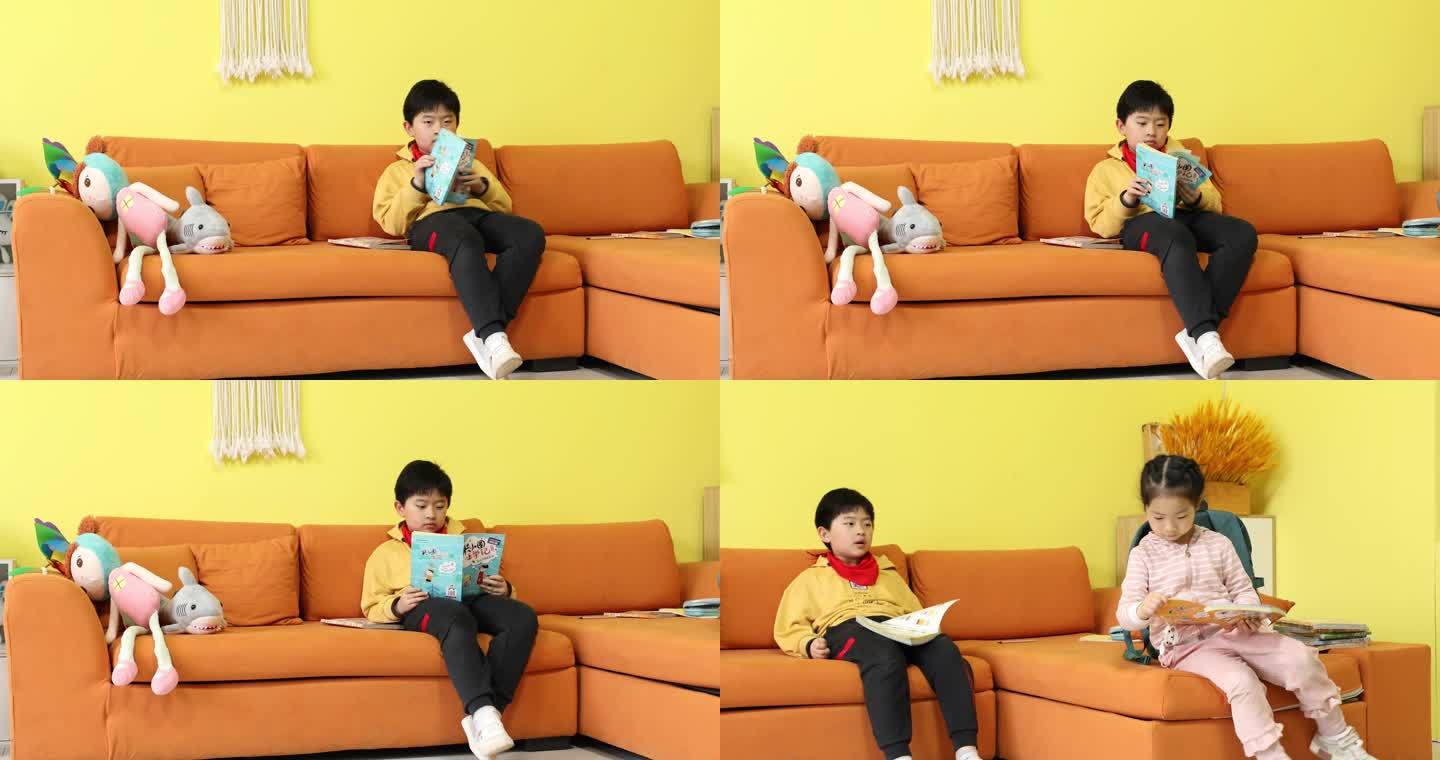 儿童看书小孩在客厅看书