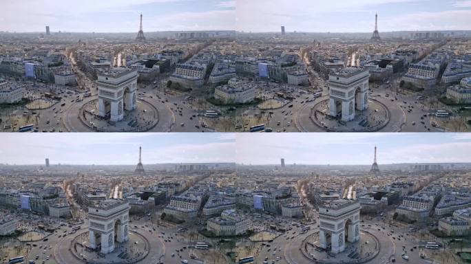 凯旋门或凯旋门，背景是埃菲尔铁塔，蒙帕纳斯塔和拉德芳斯摩天大楼，巴黎城市景观，法国。空中侧