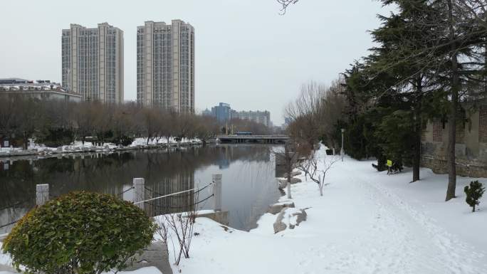 航拍 雪后 虞河公园 潍坊 虞河 下雪