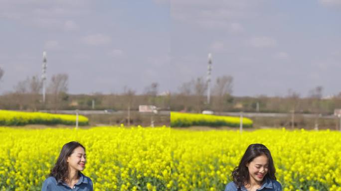 美女漫步在成都环城绿道油菜花海