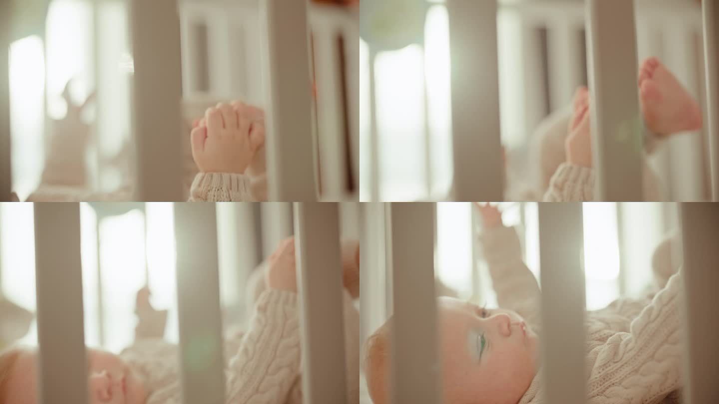 小宝贝:捕捉沐浴在清晨阳光下的婴儿床里的小男孩的脚的嬉戏舞蹈