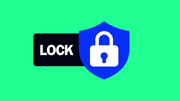 数字安全概念与挂锁图标上的盾牌和锁定文本动画绿色背景。