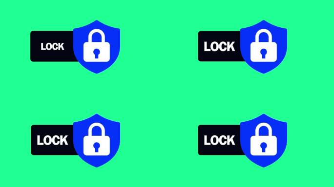 数字安全概念与挂锁图标上的盾牌和锁定文本动画绿色背景。