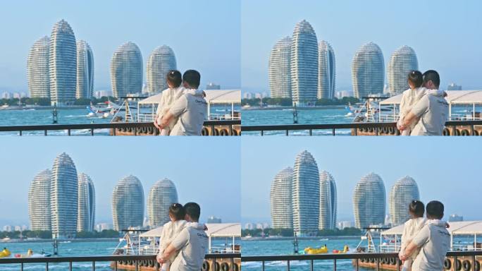 海南三亚旅游的一家人体验自贸港的温暖气候