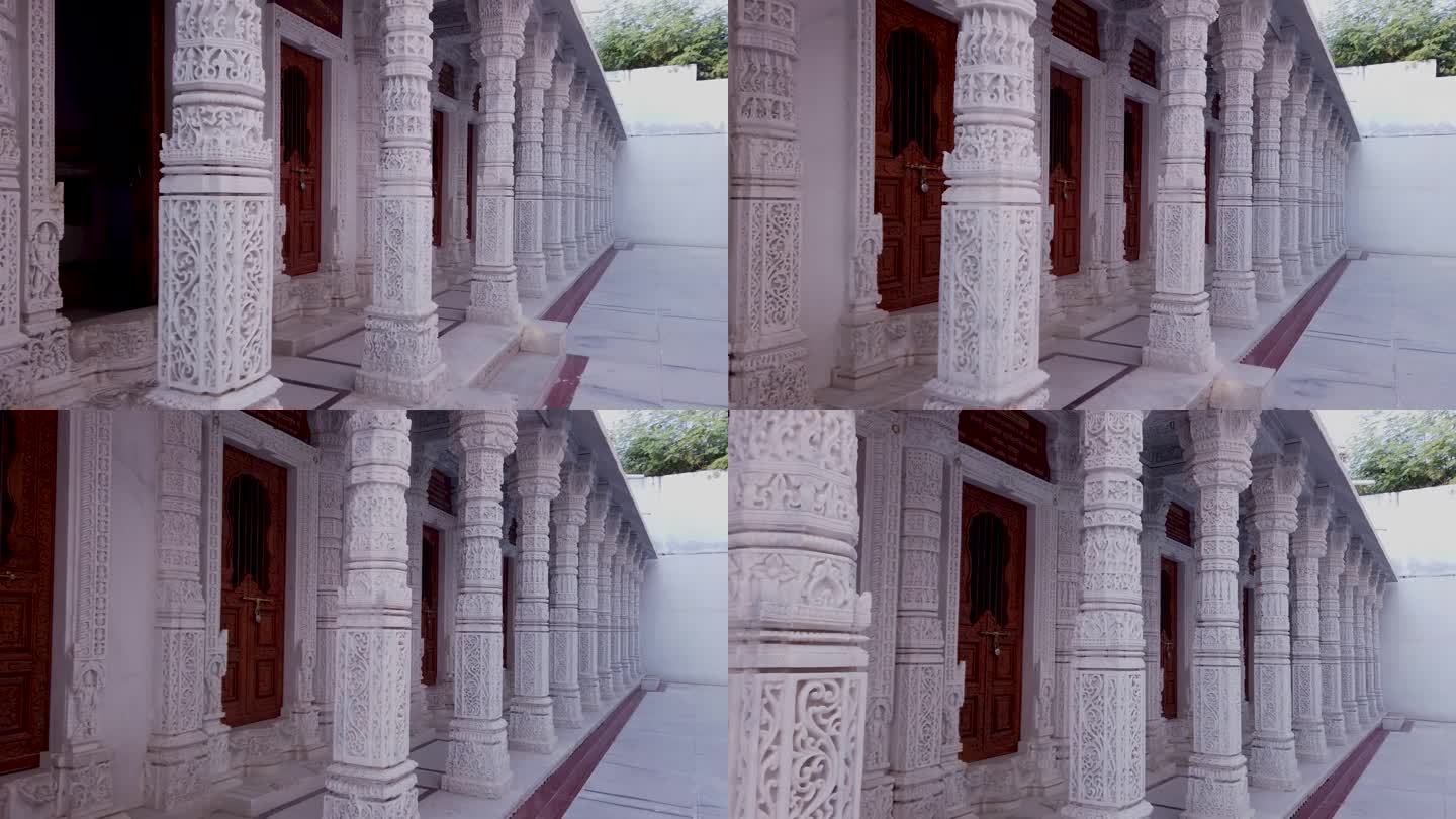 在印度拉贾斯坦邦乌代普尔，一座献给马哈维亚勋爵和帕拉斯纳特的耆那教寺庙，艺术雕刻的白色大理石柱子和外