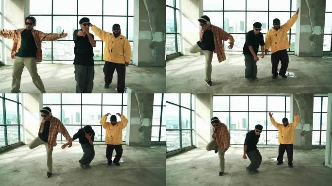 多元文化的嬉皮士在表演霹雳舞时看着镜头。嘻哈。