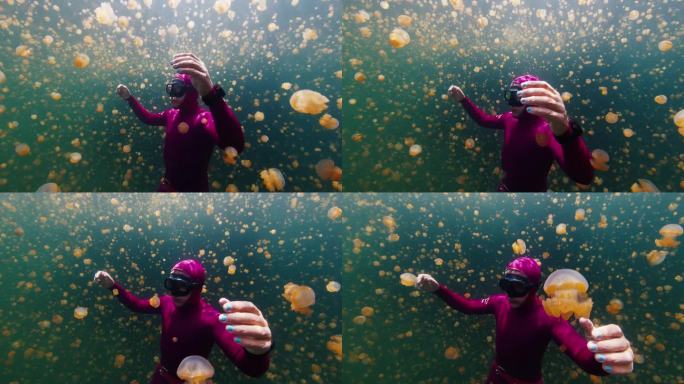 自由潜水者漂浮在满是无刺水母的湖中。西巴布亚，米苏尔，印度尼西亚