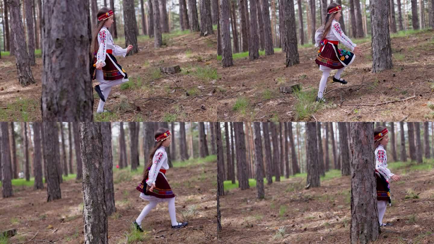 穿着民族民俗服装的保加利亚女孩在深山森林的古树之间奔跑
