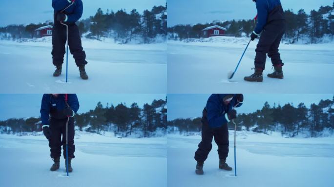 男子在结冰的湖上钻洞进行冰上钓鱼-特写
