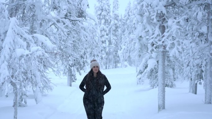 美丽的女孩在芬兰拉普兰的冰雪冬季仙境，北极圈