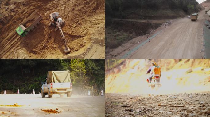 工地道路尘土飞扬挖掘机车辆行人乡村建设