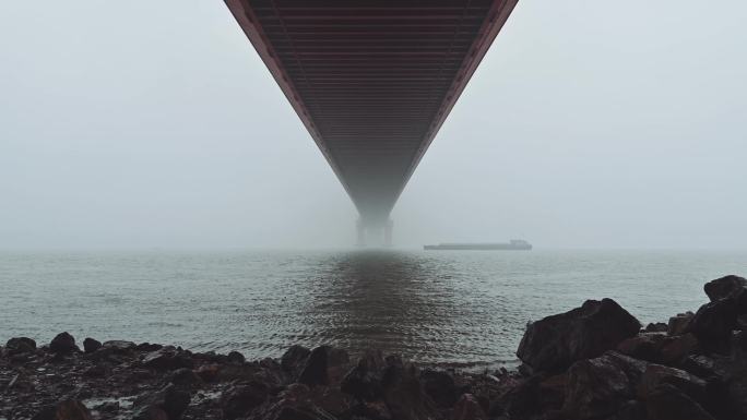 雨天雾中的武汉鹦鹉洲长江大桥和杨泗港大桥