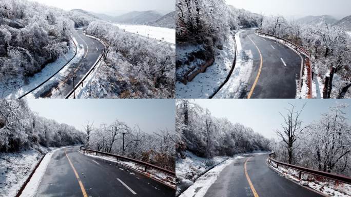 冬日山上雪景航拍与穿梭在山间的道路