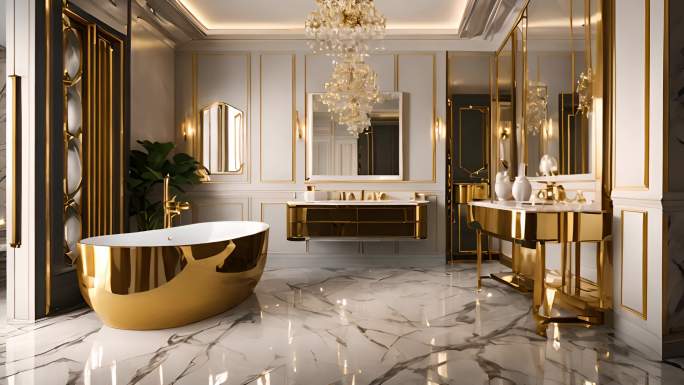 豪华浴室配有金色浴缸和大理石地板