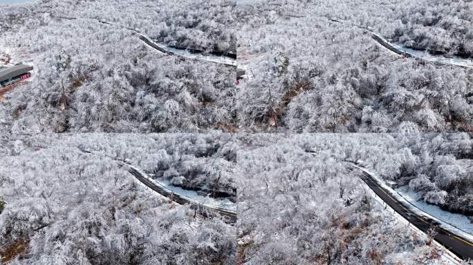 冬日山上雪景航拍与穿梭在山间的道路