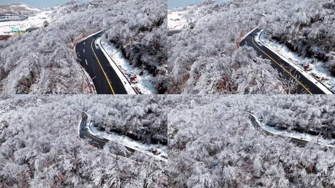 冬日山上雪景航拍与穿梭在山间的道路