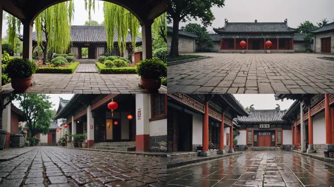 中式庭院寺院花园柳树安静