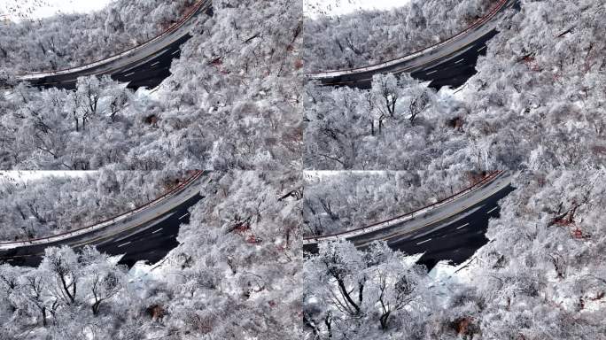 冬日山上雪景航拍与穿梭在山间的道路