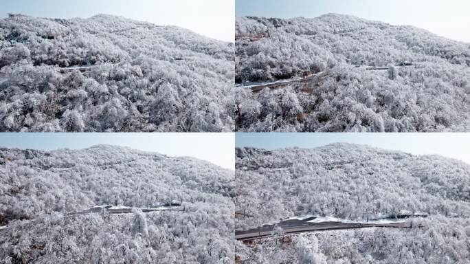 冬日山上雪景航拍与穿梭在山间的道路