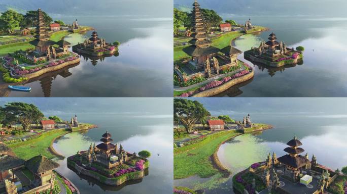 鸟瞰印尼巴厘岛布拉坦湖上的普拉乌伦达努神庙。伟大的Pura Ulun Danu寺庙在日出时被鲜花和湖