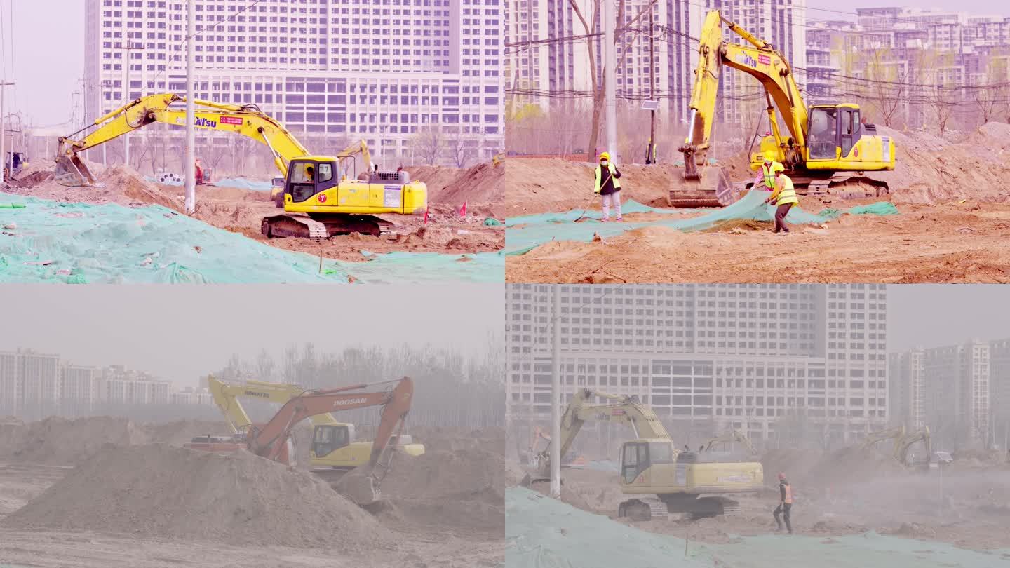 多台挖掘机施工现场 工地铺设生态防尘网