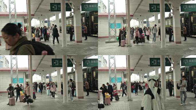 旧火车站广州北站站台上下车出站的人们