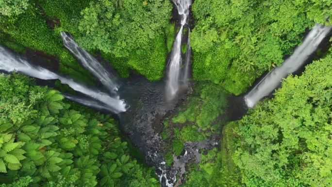 从空中俯瞰丛林中壮观的瀑布。隐藏的瀑布被茂密的绿色植被包围，印度尼西亚巴厘岛