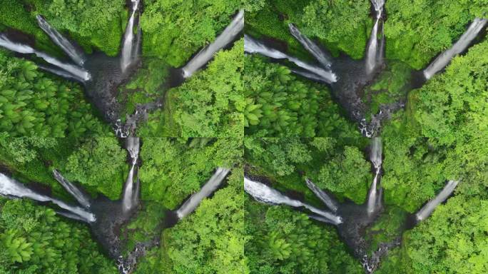 从空中俯瞰丛林中壮观的瀑布。隐藏的瀑布被茂密的绿色植被包围，印度尼西亚巴厘岛