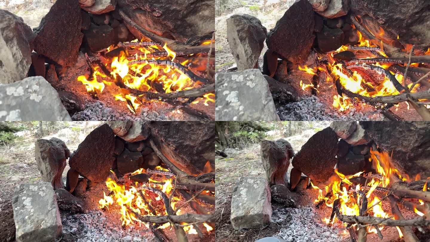 在大自然中生火，柴火的噼啪声，热的自然，火的声音，野营和户外活动中的烹饪