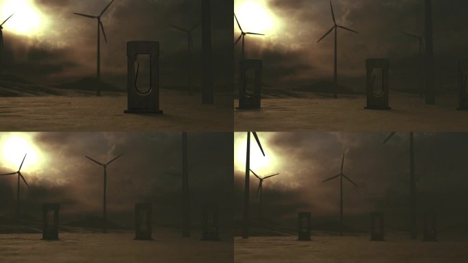 可再生能源绿洲:沙漠中带有大型风力涡轮机的废弃汽车充电站