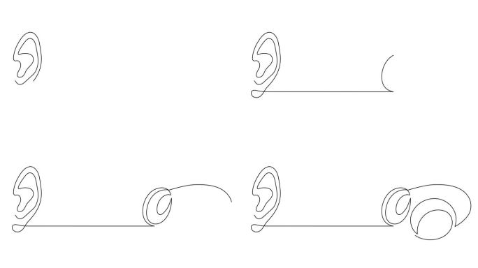 耳机与耳线艺术一体动画，手绘助听器小部件连续轮廓运动。听音乐无线在线概念，技术为试听提纲。4k自动绘