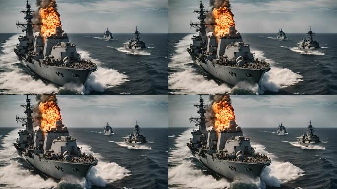 战舰军舰在海洋中爆炸