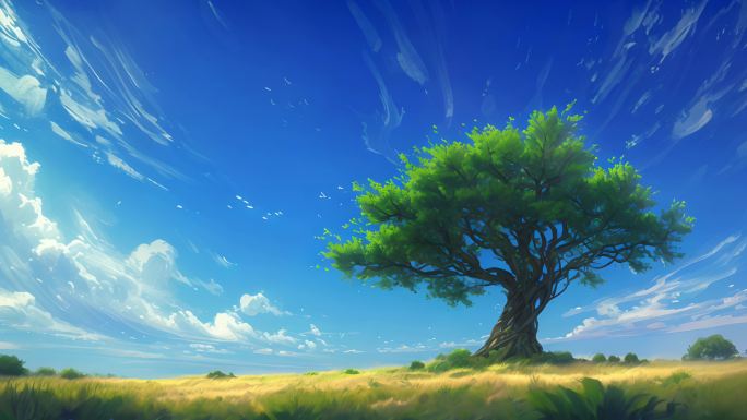 大树矗立在广阔的田野上天空蔚蓝白云朵朵