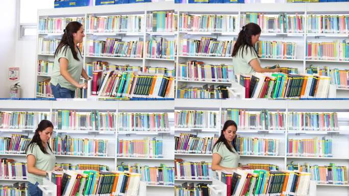 拉丁美洲图书管理员推着一辆装满书的推车，把书摆放在大学图书馆的书架上