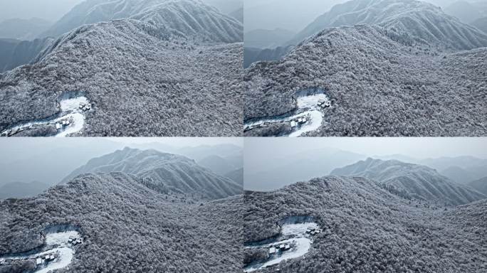 冬日山上雪景航拍与穿梭在山间的道路