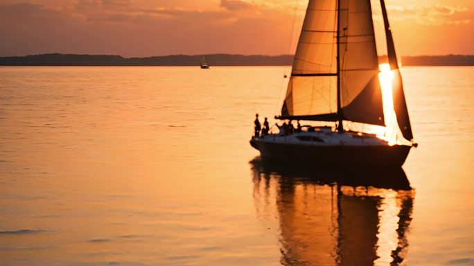 夕阳下平静的海面与帆船夕阳帆影：海面余晖
