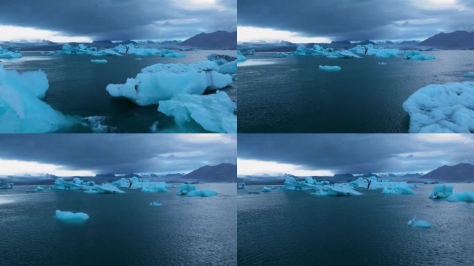 飞越Jökulsárlón冰川湖在冰岛在日出-无人机拍摄