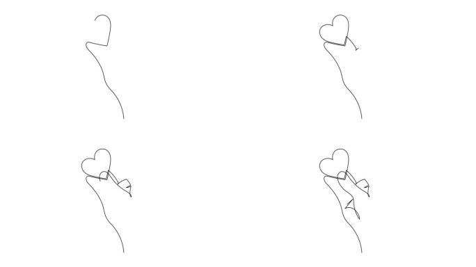 手与心一行艺术动画，爱情概念连续轮廓运动，手绘情人节视频。浪漫、订婚和婚姻画出轮廓轮廓。4k自动绘图