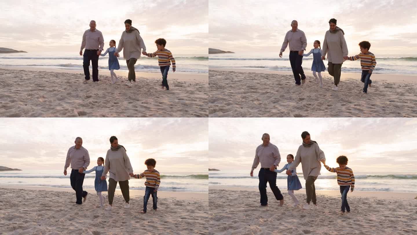 散步，孩子和祖父母手牵着手在海滩上度假，在日落时度假或冒险。老人、女人和孩子们一起在海边享受家庭时光