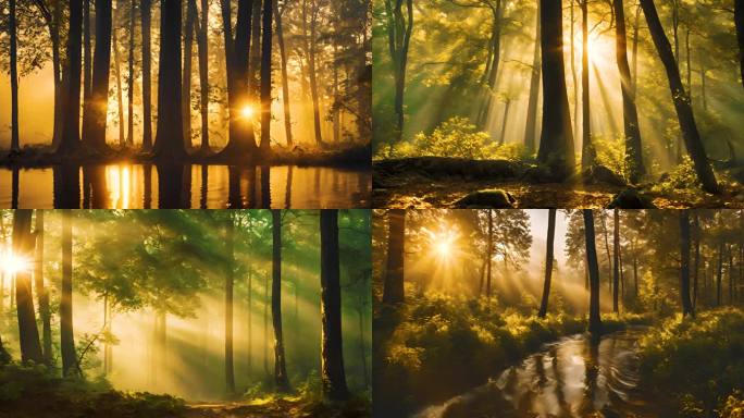 清晨阳光透过树林 光线
