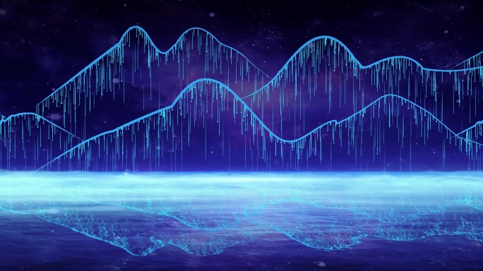 8K宽屏蓝色全息山水星空粒子循环背景