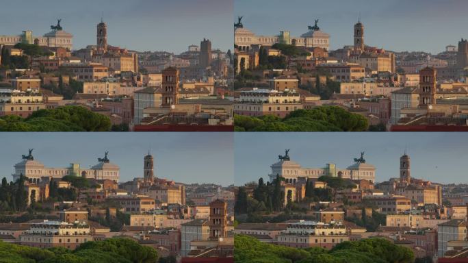 意大利罗马清晨的摇摄镜头。从罗马观景广场观看日出。圣坛，古老的房屋和教堂
