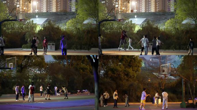夜晚广场打篮球的孩子们