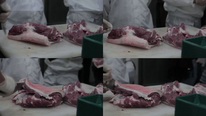猪肉分装车间猪肉切割特写