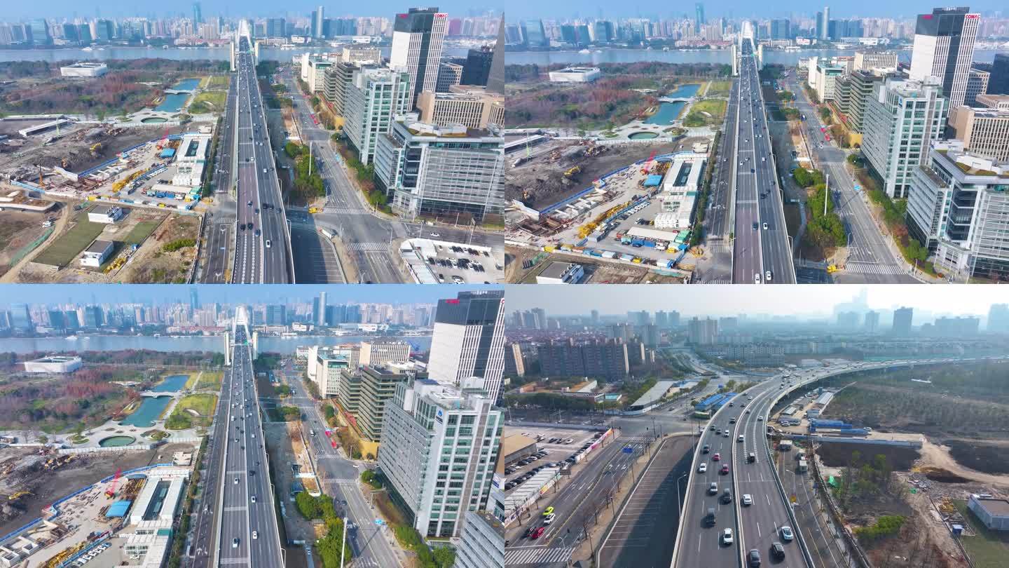 上海卢浦大桥航拍南北高架路浦东新区车流城