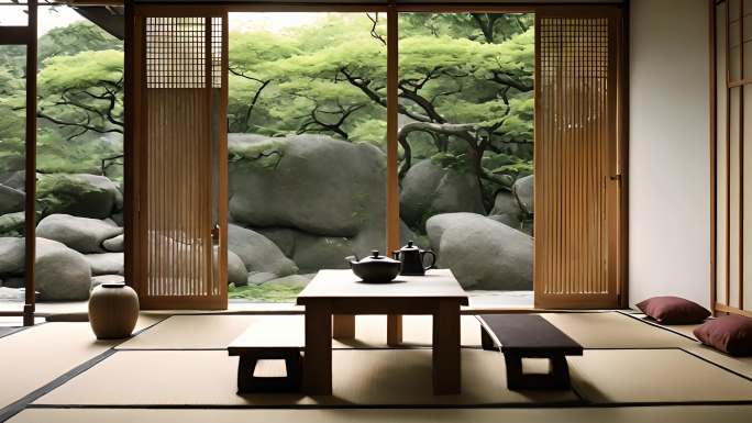 宁静的日式庭院和传统茶桌
